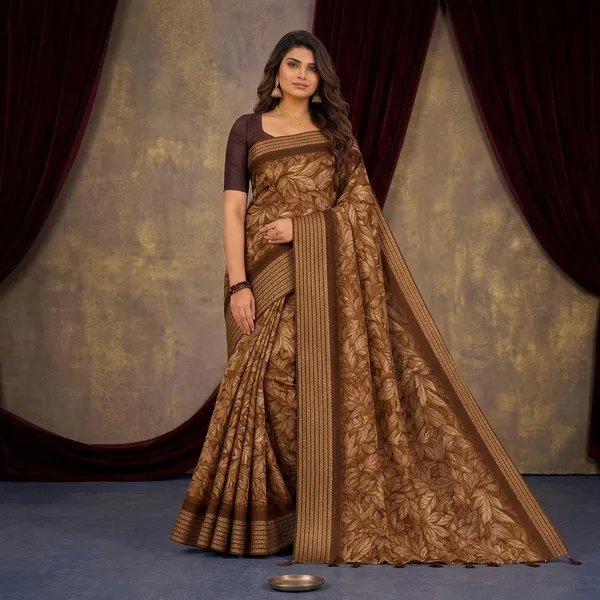 Brown_Crepe_Silk_Floral_Print_Woven_Border_Saree_For_Women