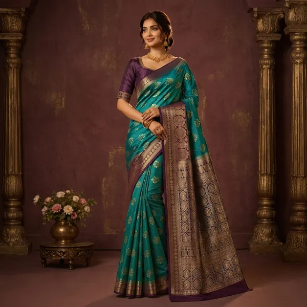 Teal_Silk_Zari_Woven_Border_Banarasi_Saree_For_Women