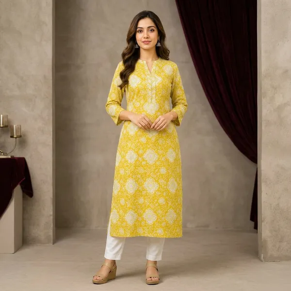 Yellow_Cotton_Floral_Print_Mandarin_Neck_Straight_Kurti_For_Women