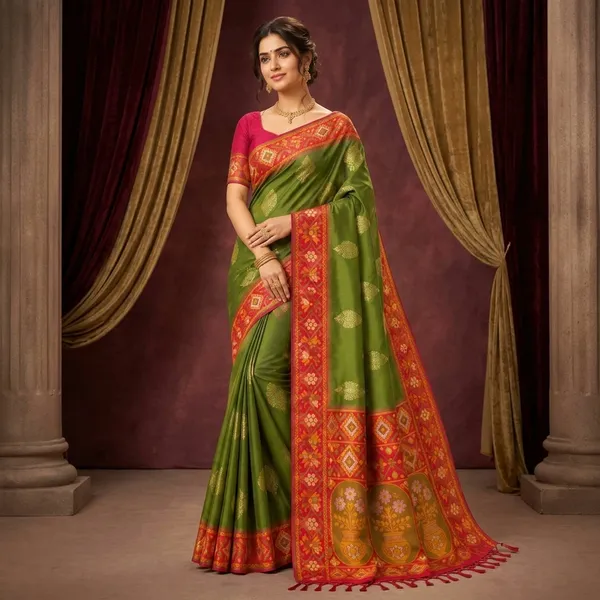 Green_Silk_Woven_Zari_Border_Saree_With_Pink_Blouse_For_Women