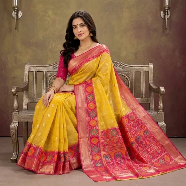 Yellow_Linen_Cotton_Woven_Banarasi_Saree_For_Women