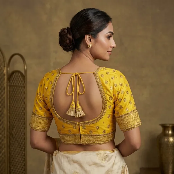 Yellow_Silk_Embroidered_V_Neck_Saree_Blouse_For_Women
