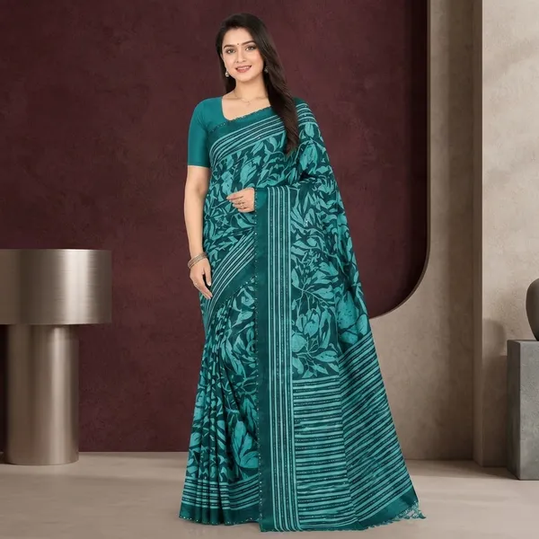 Teal_Silk_Floral_Print_Sequin_Work_Daily_Wear_Saree_For_Women