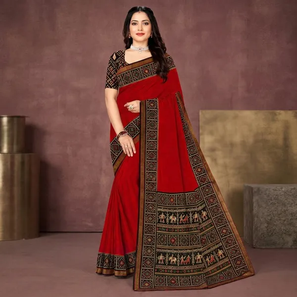 Red_Linen_Cotton_Tribal_Print_Border_Saree_For_Women