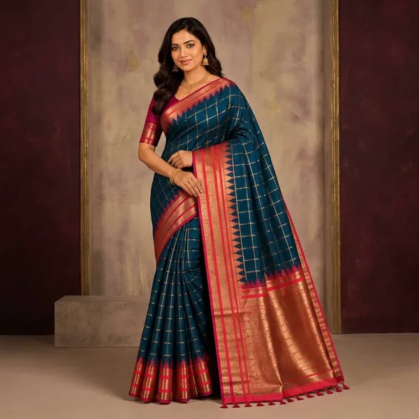 Teal_Soft_Silk_Zari_Woven_Checkered_Saree_For_Women