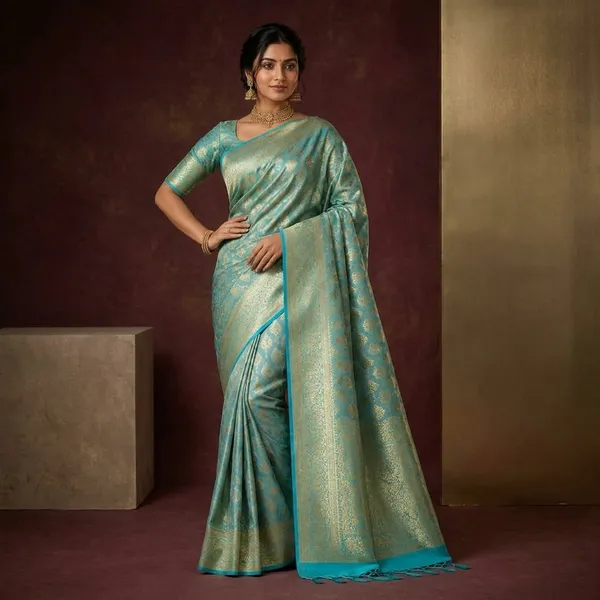 Turquoise_Silk_Blend_Zari_Woven_Banarasi_Saree_For_Women