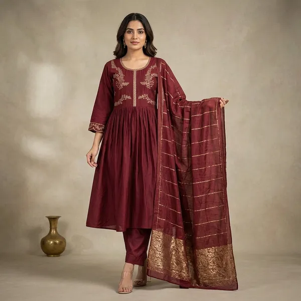 Maroon_Cotton_Blend_Embroidered_Anarkali_Kurta_Pant_Set_With_Dupatta_For_Women