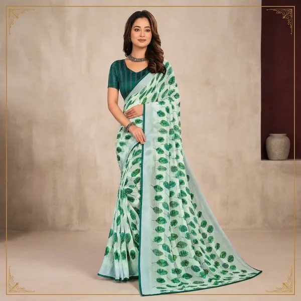 White_Green_Stripe_Chiffon_Leaf_Print_Saree_For_Women