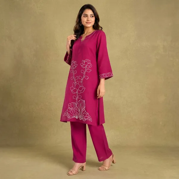 Magenta_Cotton_Floral_Embroidered_Straight_Kurta_Set_For_Women