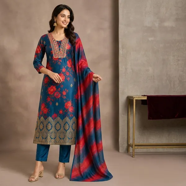 Blue_Silk_Floral_Print_Straight_Kurti_Pant_Odhani_Set_For_Women