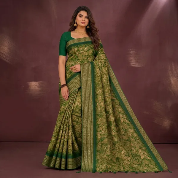 Green_Soft_Silk_Leaf_Print_Woven_Border_Saree_For_Women