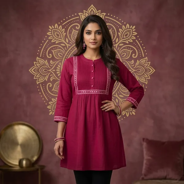 Maroon_Cotton_Embroidered_A_Line_Short_Kurti_For_Women