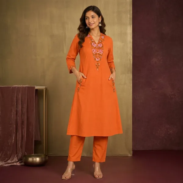 Orange_Cotton_A_Line_Floral_Embroidered_Kurta_Set_For_Women