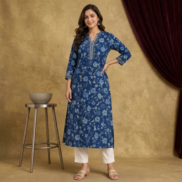 Blue_Cotton_Straight_Floral_Print_Embroidered_Kurta_For_Women