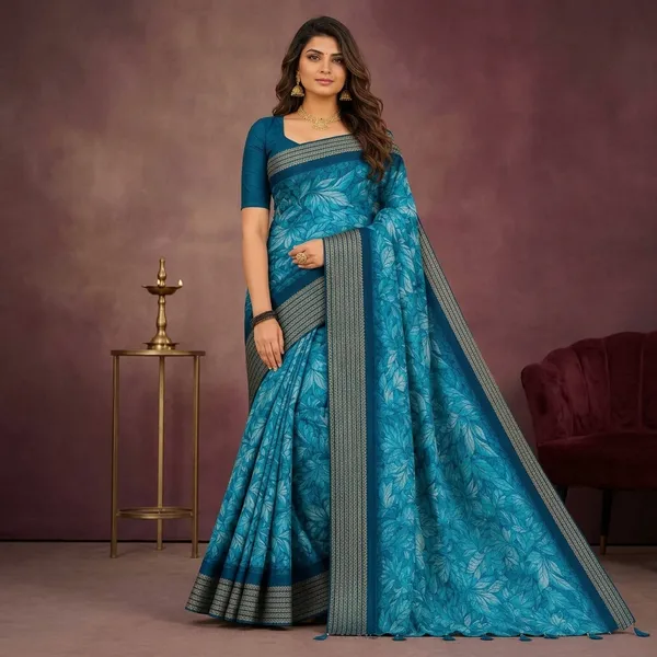 Turquoise_Crepe_Silk_Floral_Print_Zari_Border_Saree_For_Women