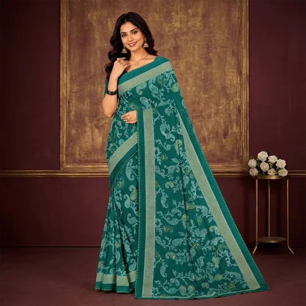 Teal_Silk_Paisley_Print_Zari_Border_Saree_For_Women