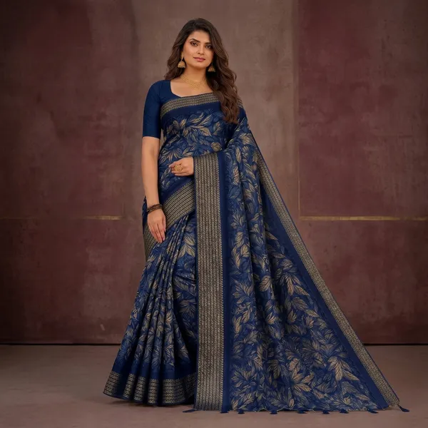 Navy_Blue_Crepe_Silk_Floral_Print_Zari_Border_Saree_For_Women