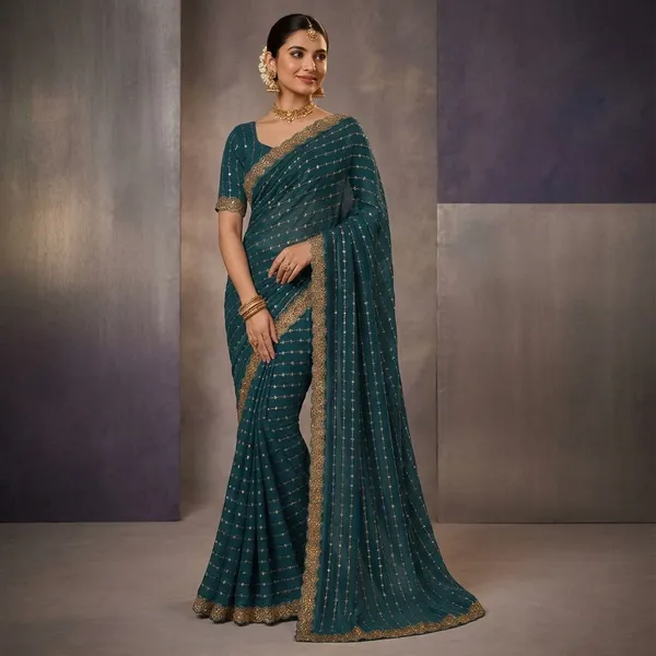 Teal_Blue_Velvet_Silk_Sequin_Embellished_Fancy_Saree_For_Women