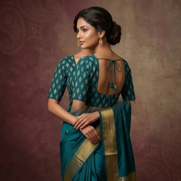 Teal_Cotton_Ikat_Print_Backless_Designer_Blouse_For_Women