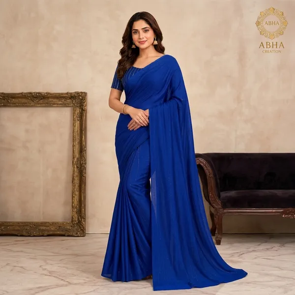 Royal_Blue_Tussar_Silk_Plain_Sequins_Blouse_Saree_For_Women