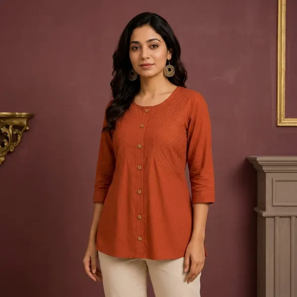 Rust_Khadi_Cotton_A_Line_Embroidered_Tunic_Top_For_Women