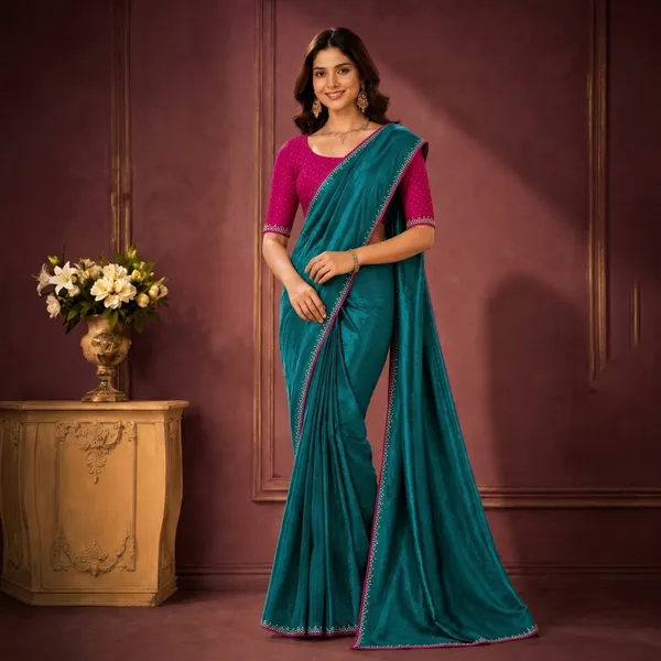 Teal_Satin_Silk_Embroidered_Border_Saree_For_Women