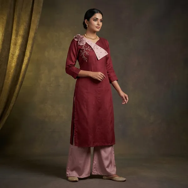 Maroon_Pink_Handloom_Cotton_Floral_Embroidered_Kurta_Set_For_Women