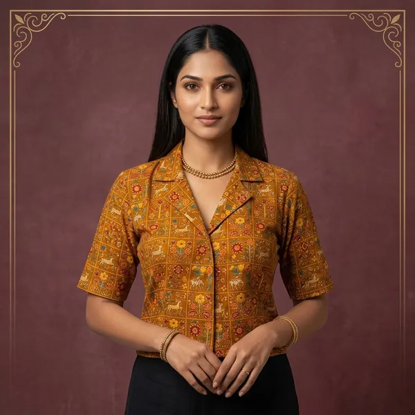 Mustard_Cotton_Collared_Kalamkari_Print_Blouse_For_Women