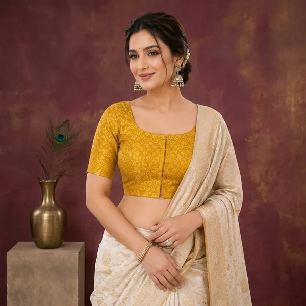 Mustard_Yellow_Jacquard_Elbow_Sleeve_Saree_Blouse_For_Women