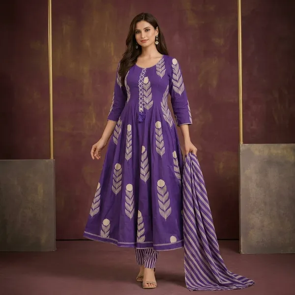 Purple_Cotton_Flared_Anarkali_Kurta_Palazzo_Dupatta_Set_For_Women