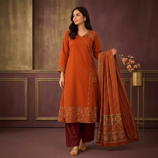 Rust_Orange_Cotton_Embroidered_Angrakha_Kurta_Palazzo_Set_For_Women