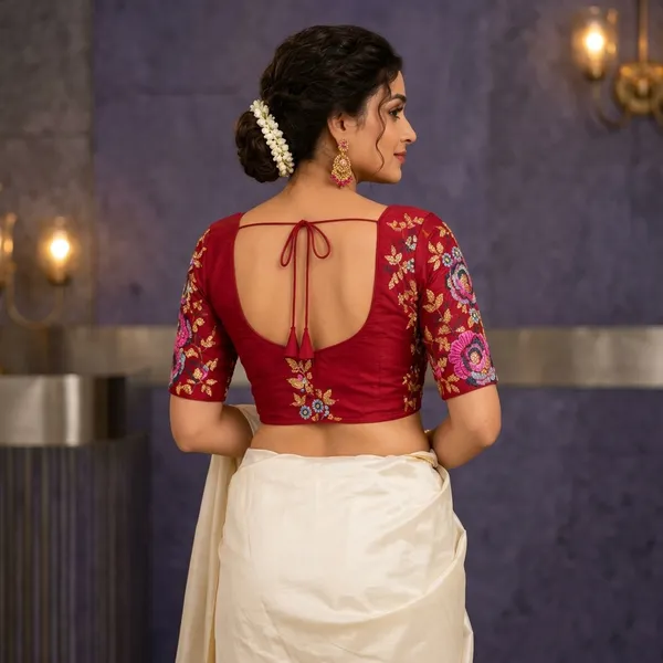 Maroon_Silk_Floral_Thread_Embroidered_Fitted_Blouse_For_Women