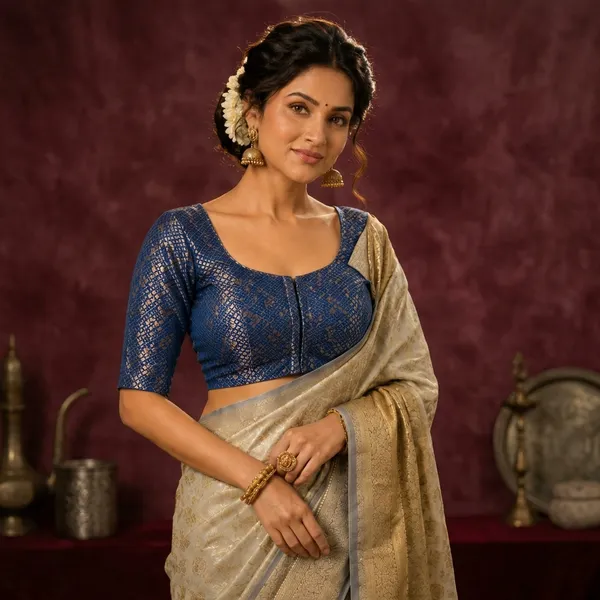 Blue_Brocade_Silk_Round_Neck_Fitted_Blouse_For_Women