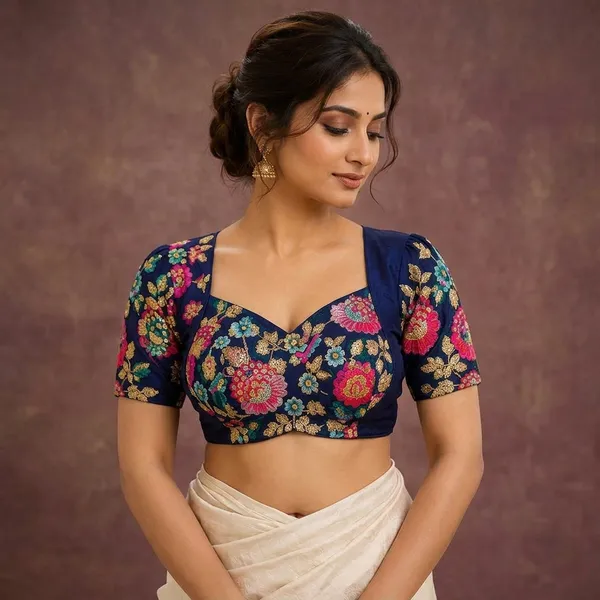 Navy_Blue_Silk_Sweetheart_Neck_Floral_Embroidered_Saree_Blouse_For_Women