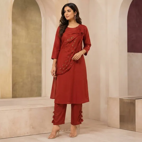 Rust_Red_Silk_Straight_Sequin_Embroidered_Kurta_For_Women