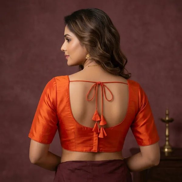 Orange_Satin_Deep_Neck_Tasseled_Saree_Blouse_For_Women