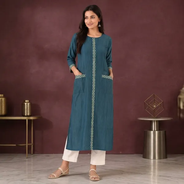 Teal_Rayon_Straight_Fit_Printed_Border_Kurta_For_Women