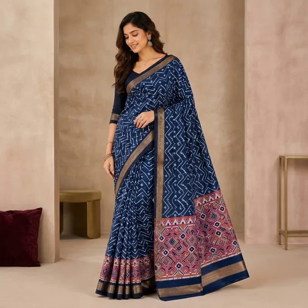 Navy_Blue_Silk_Bandhani_Print_Zari_Border_Saree_For_Women