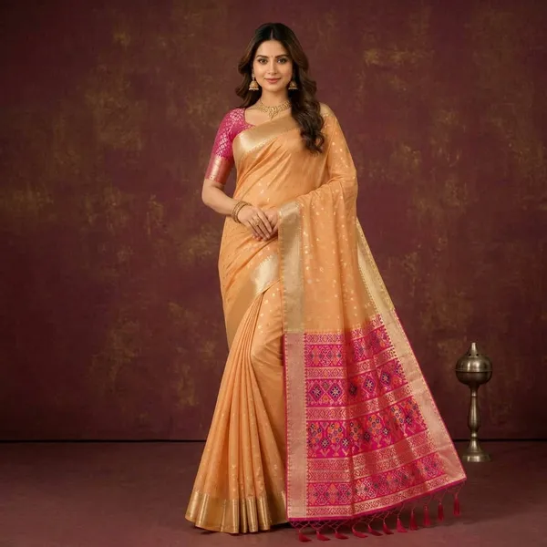 Peach_Tissue_Silk_Zari_Woven_Meenakari_Border_Saree_For_Women