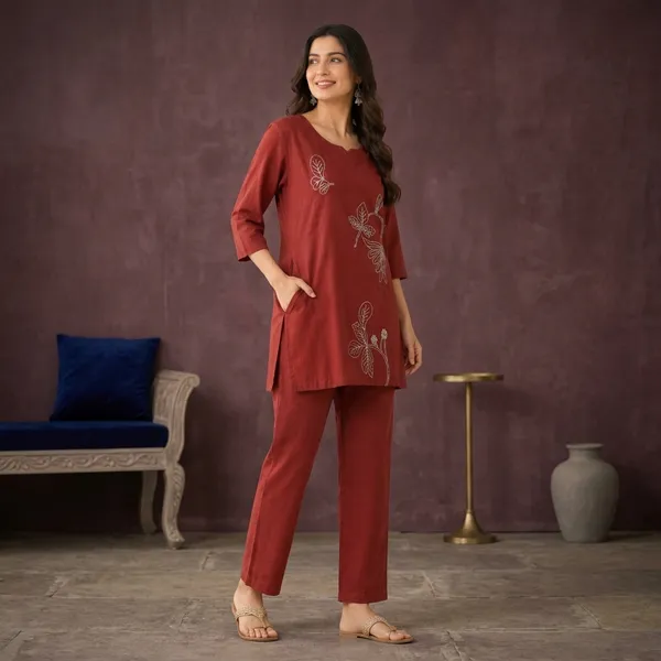 Maroon_Cotton_Embroidered_Straight_Kurta_Set_For_Women