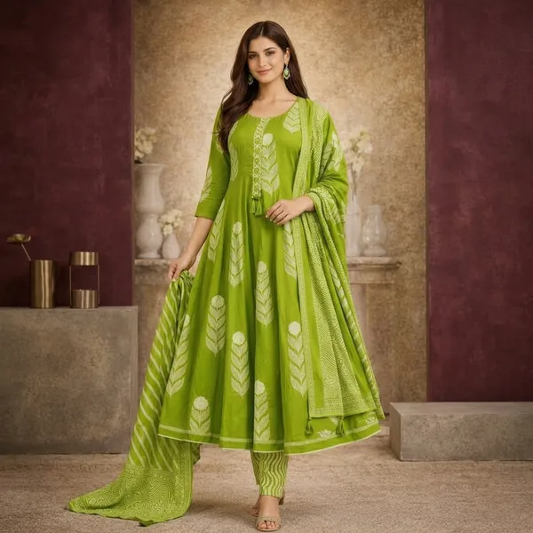 Green_Cotton_Flared_Anarkali_Printed_Kurta_Set_With_Dupatta_For_Women
