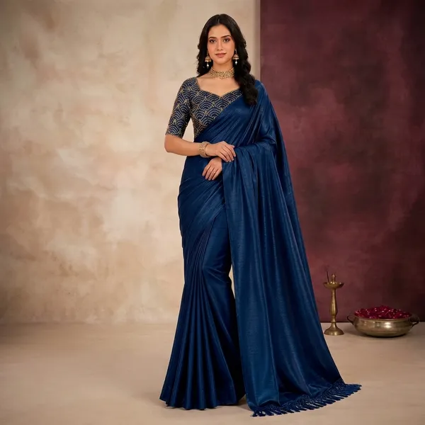 Deep_Blue_Tussar_Silk_Plain_Saree_With_Sequins_Work_Blouse_For_Women