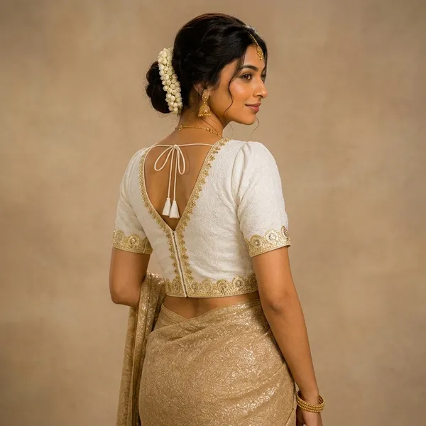 White_Silk_Gold_Bordered_V_Neck_Saree_Blouse_For_Women
