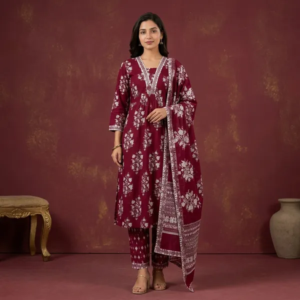 Maroon_Cotton_Floral_Print_Straight_Kurta_Set_For_Women