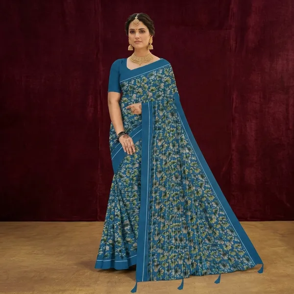 Blue_Silk_Floral_Print_Contrast_Border_Saree_For_Women