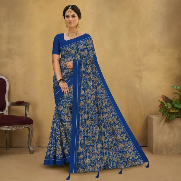Blue_Silk_Floral_Print_Contrast_Border_Saree_For_Women