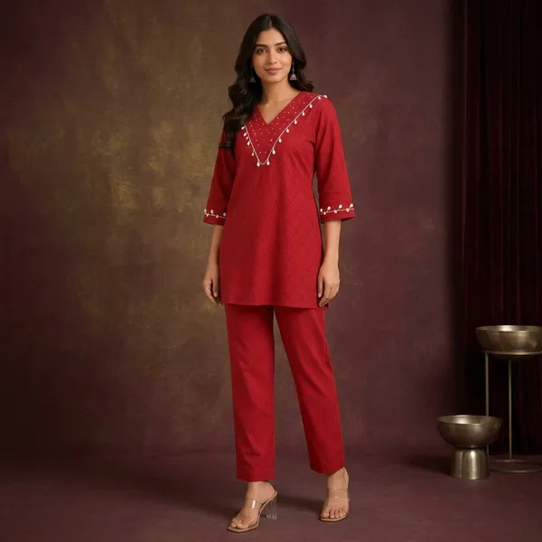 Red_Cotton_Straight_Schiffli_Embroidered_Kurta_Co_Ord_Set_For_Women