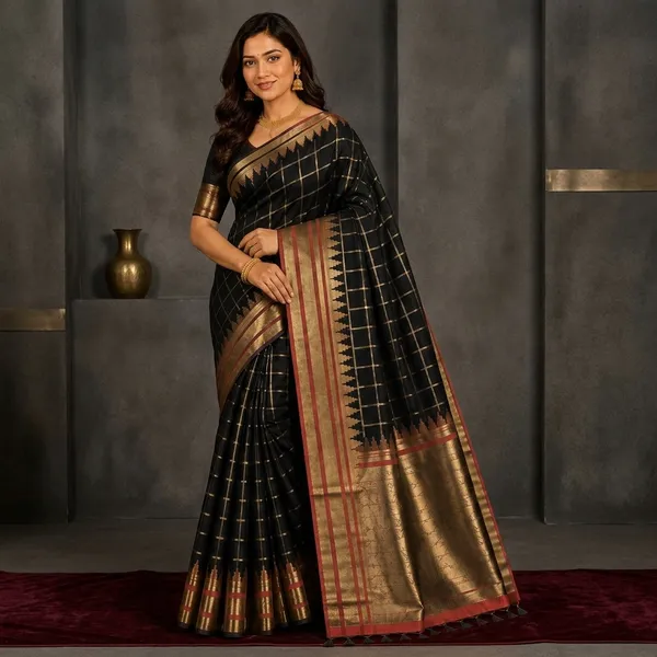 Black_Jacquard_Art_Silk_Zari_Woven_Checkered_Saree_For_Women