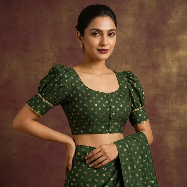Green_Woven_Silk_Puff_Sleeve_Scoop_Neck_Blouse_For_Women