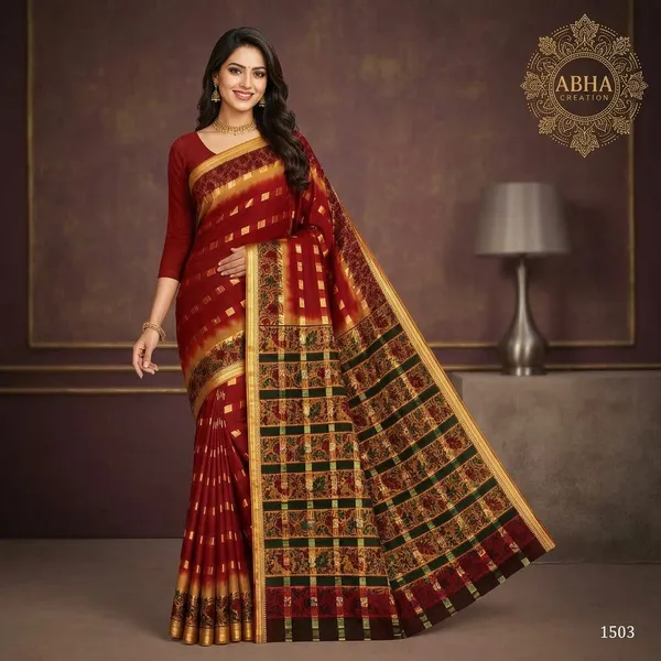 Maroon_Cotton_Zari_Border_Kalamkari_Print_Saree_For_Women